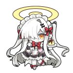  1girl :t absurdly_long_hair alternate_costume animal_bag ankle_ribbon apron bear_bag black_bow black_dress blue_archive bow cherry chibi commentary_request dress enmaided food frilled_apron frills fruit hair_bow hair_over_one_eye halo hand_up heart highres holding holding_plate konattang leg_ribbon long_hair long_sleeves maid maid_headdress malkuth_(blue_archive) orange_eyes plate pudding puffy_sleeves red_bow red_ribbon ribbon standing standing_on_one_leg symbol-shaped_pupils transparent_background two_side_up very_long_hair white_apron white_hair x-shaped_pupils 