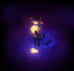  1other absurdres animal_hat black_eyes blue_scarf bob_cut boots cat_hat colored_sclera commentary dress english_commentary from_above full_body glowing hat highres holding_orb niko_(oneshot) oneshot_(game) purple_dress purple_hair scarf short_hair solo standing starry_sky_print toebeez wading whiskers yellow_sclera 