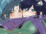  2boys blush braid colored_inner_hair commentary couple ear_blush english_commentary forehead_jewel genshin_impact green_eyes green_hair heart highres hug looking_at_viewer male_focus multicolored_hair multiple_boys parted_lips purple_scarf scarf short_hair slit_pupils teeth two-tone_hair unholy_zig venti_(genshin_impact) winter_clothes xiao_(genshin_impact) yaoi yellow_eyes 
