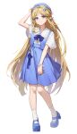  1girl alternate_costume arm_up blonde_hair blue_bow blue_bowtie blue_eyes blue_hat blue_jacket blue_shoes blue_skirt bow bowtie cartethyia_(wuthering_waves) chinese_commentary closed_mouth commentary_request du_xi_abc earrings full_body hat highres jacket jewelry long_hair looking_at_viewer multiple_earrings parted_bangs pointy_ears shirt shoes simple_background skirt sleeveless sleeveless_jacket smile socks solo tacet_mark_(wuthering_waves) tachi-e very_long_hair white_background white_shirt white_socks wuthering_waves 