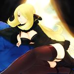  bad_deviantart_id bad_id black_bra black_legwear black_panties blonde_hair bra breasts brown_eyes cleavage hair_ornament hair_over_one_eye high_heels holding holding_poke_ball large_breasts lingerie long_hair looking_at_viewer naso4 panties poke_ball pokemon pokemon_(game) pokemon_dppt shirona_(pokemon) shoes sitting smile solo thighhighs underwear 