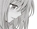  1girl blush greyscale hair_between_eyes half-closed_eyes hara_tsumoi in_heat kono_shima_ni_wa_midara_de_jaaku_na_mono_ga_sumu light_smile lowres monochrome non-web_source nose_blush portrait profile short_hair yoruto_umi 