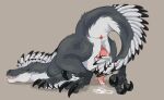 all_fours animal_genitalia anus autotailjob black_claws bodily_fluids claws cum dinosaur dromaeosaurid erection feathered_dinosaur feathered_scalie feathers feral genital_fluids genital_slit genitals green_eyes grey_body grey_feathers hi_res male male_feral masturbation narrowed_eyes owishka penis pink_anus pink_penis prehistoric_species reptile saliva saurischian scalie sharp_teeth simple_background solo tail tail_around_penis tail_fetish tail_masturbation tail_play tapering_penis teeth theropod tongue tongue_out white_body white_feathers