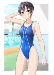 1girl absurdres ass_visible_through_thighs black_hair blue_one-piece_swimsuit breasts brown_eyes commentary_request competition_swimsuit covered_navel cowboy_shot groin highleg highleg_one-piece_swimsuit highres indoors lane_line medium_breasts one-piece_swimsuit original pool short_hair solo standing swimsuit takafumi two-tone_swimsuit variant_set 