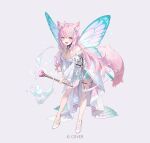  1girl :d animal_ears antenna_hair aqua_skirt aqua_wings bare_shoulders black_choker braid braided_bun breasts butterfly_wings choker clean commentary_request copyright_name crown_braid detached_sleeves double-parted_bangs double_bun dress fang frilled_dress frills full_body grey_background hair_between_eyes hair_bun hakui_koyori hexagon_hair_ornament high-low_dress high_heels holding holding_staff hololive insect_wings jewelry kobuta large_breasts leaning_forward long_hair looking_at_viewer miniskirt nail_polish official_art open_mouth pink_hair pink_nails pleated_skirt purple_eyes sample_watermark shoes sidelocks simple_background skirt skirt_under_dress sleeveless sleeveless_dress smile solo staff strapless strapless_dress strappy_heels tail thighlet very_long_hair virtual_youtuber watermark white_dress white_shoes wings wolf_ears wolf_girl wolf_tail 