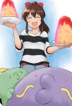  1girl :d absurdres bow brown_hair evolutionary_line facing_viewer gonyleptidae gulpin hair_bow highres holding holding_plate idolmaster idolmaster_million_live! idolmaster_million_live!_theater_days medium_hair plate pokemon pokemon_(creature) red_bow satake_minako shirt sidelocks simple_background smile striped_clothes striped_shirt swalot 