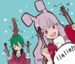  1boy 1girl animal_ears blue_background blush coat commentary_request dress food gobaku_no_hito greatest_general_(ragnarok_online) green_hair high_priest_(ragnarok_online) holding holding_stick long_hair looking_at_viewer lowres minstrel_(ragnarok_online) open_mouth pocky pocky_day pointy_ears purple_eyes purple_hair rabbit_ears rabbit_girl ragnarok_masters ragnarok_online red_coat red_dress smile stick upper_body 