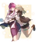  2girls absurdres edogawa_kigoro english_commentary gloves grey_hair hair_ornament highres honkai:_star_rail honkai_(series) hug jacket jewelry kafka_(good_me)_(honkai:_star_rail) kafka_(honkai:_star_rail) long_hair multiple_girls necklace official_alternate_costume purple_eyes purple_hair shirt simple_background skirt star_(symbol) stelle_(honkai:_star_rail) thigh_strap trailblazer_(honkai:_star_rail) turtleneck yellow_eyes 