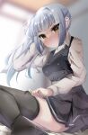  1girl absurdres alternate_legwear bed belt black_ribbon black_thighhighs blanket blurry blurry_background blush breasts brown_eyes commentary_request dress grey_hair hair_ribbon highres indoors kantai_collection kasumi_(kancolle) kasumi_kai_ni_(kancolle) long_hair long_sleeves looking_at_viewer neck_ribbon pinafore_dress red_ribbon ribbon shirt side_ponytail sleeveless sleeveless_dress small_breasts solo thighhighs torisu_(highball_kai) white_shirt 