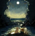  anelfchay cable circle_facial_mark closed_eyes commentary creature english_commentary facial_mark forehead_mark full_moon highres hole_in_wall humanoid_robot iterator_(rain_world) looks_to_the_moon moon neuron_fly_(rain_world) night no_mouth no_nose petting rain_world robe robot robot_ears slugcat squatting survivor_(rain_world) water white_robe 