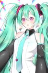  1girl aisarenakute_mo_kimi_ga_iru_(vocaloid) aqua_hair aqua_necktie aqua_trim boots breasts closed_mouth collared_shirt commentary_request detached_sleeves hair_between_eyes hair_ornament hatsune_miku ikura_(user_uuyj7743) long_hair long_sleeves looking_at_viewer medium_breasts necktie pink_eyes shirt sleeveless sleeveless_shirt smile solo twintails very_long_hair vocaloid white_shirt wide_sleeves zettai_ryouiki 