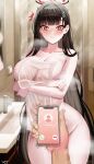  1boy 1girl absurdres arms_under_breasts artist_name bathroom black_hair black_halo blue_archive blush breasts cellphone commentary crown halo hand_blush highres holding holding_phone large_breasts long_hair mirror naked_towel phone red_eyes rio_(blue_archive) sensei_(blue_archive) smartphone taiji_(jonglopoggyeog1) thighs towel very_long_hair wet 