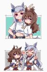  2girls :d ^_^ ahoge animal_ears beer_hsk blue_bow blue_choker bow breasts brown_hair choker cleavage closed_eyes closed_mouth commentary_request ear_bow gaze_on_me!_outfit_(umamusume) gold_ship_(umamusume) grey_hair grin hair_between_eyes highres horse_ears horse_girl horse_tail long_hair medium_breasts multiple_girls nakayama_festa_(umamusume) purple_eyes red_eyes shirt smile starting_future_(umamusume) tail tied_shirt umamusume v v_over_eye very_long_hair white_shirt 