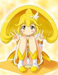  bare_legs blonde_hair boots choker cure_peace double_v eyelashes hair_flaps hair_ornament hairpin highres kise_yayoi long_hair magical_girl panties pantyshot pantyshot_(sitting) precure sitting skirt smile smile_precure! solo takizi underwear v white_panties wide_ponytail yellow yellow_background yellow_choker yellow_eyes 