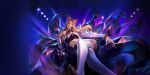  1girl ahri_(league_of_legends) boots choker crossed_legs crystal crystal_tail diffraction_spikes facial_mark heart heart_choker highres k/da_(league_of_legends) k/da_unbound_ahri league_of_legends leaning_to_the_side lips long_hair looking_at_viewer marble_(stone) microphone miniskirt official_art parted_lips polar_engine sitting sitting_on_throne skirt solo stage_lights tail thigh_boots toned toned_female whisker_markings 