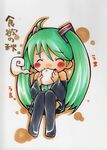  :3 ^_^ ahoge aoto baozi bare_shoulders blush_stickers chibi closed_eyes detached_sleeves eating food green_hair happy hatsune_miku highres legs_together long_hair marker_(medium) necktie sitting solo thighhighs traditional_media twintails vocaloid 