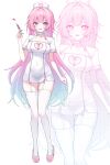  1girl absurdres alternate_costume aqua_hair blue_hair breasts cleavage clothing_cutout collarbone commentary covered_navel cyrene_(honkai:_star_rail) cyrene_(ripples_of_past_reverie)_(honkai:_star_rail) diamond-shaped_pupils diamond_(shape) dress full_body garter_straps gradient_hair hat heart heart_cutout high_heels highres holding holding_syringe honkai:_star_rail honkai_(series) impossible_clothes impossible_dress large_breasts long_hair looking_at_viewer multicolored_hair nurse nurse_cap open_mouth pink_eyes pink_hair pink_shoes pointy_ears ribo_(rib6o_o9) shoes short_sleeves shrug_(clothing) sidelocks simple_background smile solo symbol-only_commentary symbol-shaped_pupils syringe tachi-e thighhighs thighs very_long_hair white_background white_dress white_garter_straps white_shrug white_thighhighs zoom_layer 