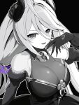  1girl ahoge black_background breasts claws cleavage dress duel_masters duel_masters_play's elbow_gloves from_above gloves hair_between_eyes hashtag-only_commentary highres horns large_breasts long_hair looking_at_viewer monochrome munakatahide nero_gryphis_(duel_masters) off-shoulder_dress off_shoulder open_mouth see-through_cleavage see-through_clothes solo 