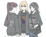  3girls akni bang_dream! bang_dream!_it's_mygo!!!!! black_bag black_hair black_hoodie black_jacket black_shirt blonde_hair blue_pants brown_hair closed_mouth commentary_request crossbody_bag hood hoodie jacket korean_commentary long_hair long_sleeves medium_hair misumi_uika multiple_girls open_mouth pants ponytail purple_eyes shiina_taki shirt short_hair simple_background white_background yahata_umiri 