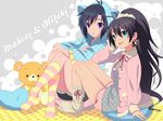  aqua_eyes black_hair earrings fang ganaha_hibiki gloves hood hoodie idolmaster idolmaster_(classic) jewelry kikuchi_makoto kneehighs kyu long_hair multiple_girls ponytail purple_eyes short_hair shorts sitting smile socks stuffed_animal stuffed_toy teddy_bear white_gloves 