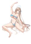  1girl absurdres asagiri_ai asuna_(blue_archive) bare_shoulders barefoot bikini blonde_hair blue_archive blue_bikini blue_eyes blue_halo breasts cleavage collarbone commentary_request groin hair_over_one_eye hair_ribbon halo highres large_breasts long_hair looking_at_viewer navel o-ring o-ring_bikini ribbon sitting smile solo stretching swimsuit thighs very_long_hair 