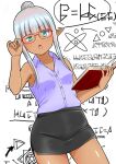  1girl absurdres adjusting_eyewear black_skirt blue_eyes blunt_bangs book breasts contrapposto cowboy_shot dark-skinned_female dark_elf dark_skin elf glass grey_hair hair_bun highres holding holding_book karla_(kono_healer_mendokusai) kono_healer_mendokusai long_sidelocks looking_at_viewer miniskirt official_art open_mouth pencil_skirt pointy_ears purple_shirt red-framed_eyewear shirt sidelocks single_hair_bun skirt sleeveless sleeveless_shirt small_breasts solo tannen_ni_hakkou teacher white_background 