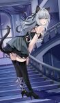  1girl absurdres animal_ears arknights bare_shoulders black_ribbon black_thighhighs blue_eyes blush cat_ears cat_tail commentary_request expressionless full_body grey_hair hair_ribbon hands_on_own_thighs highres indoors infection_monitor_(arknights) long_hair looking_at_viewer looking_back mint_(arknights) mint_(elite_ii)_(arknights) parted_lips ribbon solo spiral_staircase stairs standing tail thighhighs yoru_tukibosi zettai_ryouiki 