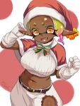  1girl :d alternate_costume belt black_belt blonde_hair bow bowtie breasts capelet christmas clothing_cutout colored_eyelashes commentary_request cowboy_shot cropped_sweater cross-shaped_pupils dark-skinned_female dark_skin earrings fangs forehead frye_(splatoon) fur-trimmed_capelet fur-trimmed_headwear fur_trim gloves gradient_hair green_bow green_bowtie hat highres inkling jewelry large_breasts long_eyelashes long_pointy_ears looking_at_viewer midriff multicolored_hair multiple_earrings navel open_mouth orange_eyes pants parted_bangs pink_hair pointy_ears red_bow red_bowtie red_capelet red_hat santa_costume santa_hat short_hair smile solo splatoon_(series) splatoon_3 stud_earrings sweater symbol-shaped_pupils t2ukmyjm tentacle_hair thigh_cutout turtleneck turtleneck_sweater two-tone_bow two-tone_bowtie white_gloves white_pants white_sweater 