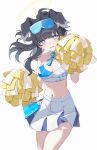  1girl absurdres ahoge animal_ears bare_arms bare_shoulders black_hair blue_archive blue_eyes blue_shirt blue_skirt blush breasts bright_pupils cheerleader chinese_commentary cleavage commentary cowboy_shot criss-cross_halter crop_top detached_collar dog_ears dog_girl extra_ears floppy_ears goggles goggles_on_head grey_hair halo halterneck hands_up head_tilt hibiki_(blue_archive) hibiki_(cheer_squad)_(blue_archive) highres holding holding_pom_poms long_hair looking_at_viewer medium_breasts midriff millennium_cheerleader_outfit_(blue_archive) multicolored_hair multicolored_shirt multicolored_skirt navel official_alternate_costume open_mouth paw_print pleated_skirt pom_pom_(cheerleading) shanqianqian_317 shirt simple_background skirt solo star_(symbol) star_sticker sticker sticker_on_face streaked_hair text_print two-tone_shirt wavy_mouth white_background white_pupils white_shirt white_skirt yellow_halo 