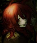  1girl antenna_hair black_jacket colored_skin commentary dark drek2xme drill_hair epaulettes from_side funamusea glitch highres jacket lobco_(funamusea) long_hair looking_at_viewer open_mouth red_eyes red_hair red_pupils solo sweat twin_drills upper_body watermark white_skin 