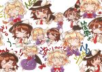  >_< 2girls :d arms_behind_back black_hat blonde_hair blush_stickers book bow bowtie brown_eyes brown_hair closed_eyes closed_mouth collared_dress collared_shirt contrast_collar crossed_arms dress frown gap_(touhou) hair_between_eyes hand_on_own_head hand_rest hat hat_bow holding holding_book long_sleeves maribel_hearn marker_(medium) mob_cap multiple_girls necktie one_eye_closed open_mouth own_hands_together puffy_long_sleeves puffy_sleeves purple_dress red_bow red_bowtie red_necktie sanwa_no_jako_(daikichi_club) shirt short_hair short_sleeves sleeve_cuffs sleeve_garter smile snapping_fingers touhou traditional_media translation_request usami_renko white_background white_bow white_hat white_shirt yellow_eyes 