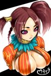  bad_id bad_pixiv_id braid breast_rest breasts brown_hair choker cleavage eyeliner feathers large_breasts makeup mole purple_eyes senoo_(sasa1997) sideboob simple_background solo soulcalibur soulcalibur_iv tira_(soulcalibur) twintails 