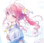  1other absurdres aegyo_sal akiyama_mizuki arm_at_side blurry blurry_background blush bow closed_mouth collared_dress commentary dress drill_hair drill_ponytail drill_sidelocks flower flower_request from_side hair_bow hair_flower hair_ornament hand_up highres hodokenu_ashita_ni_te_wo_nobashite_(project_sekai) holding holding_flower light_smile long_hair long_sidelocks looking_at_viewer neck_flower neck_ribbon official_alternate_costume other_focus pink_eyes pink_hair pipi_(pipinavigation) project_sekai puffy_short_sleeves puffy_sleeves ribbon short_sleeves side_ponytail sidelocks solo tareme turning_head upper_body white_bow white_dress white_ribbon yellow_flower 