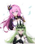  2girls absurdres bare_shoulders black_gloves black_shrug black_tiara blue_eyes breasts chinese_commentary coat commentary_request elbow_gloves elysia_(honkai_impact) elysia_(miss_pink_elf)_(honkai_impact) gloves green_eyes green_hair hair_ornament highres honkai_(series) honkai_impact_3rd large_breasts long_hair medium_breasts mobius_(honkai_impact) multiple_girls pink_hair shrug_(clothing) simple_background slit_pupils tangcu tiara very_long_hair white_background white_coat 