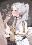  1boy 1girl bed blush commentary_request cum cum_on_body elf facial fellatio frieren hetero highres kobinbin licking licking_penis long_hair long_pointy_ears on_bed oral penis pointy_ears sousou_no_frieren twintails white_hair 