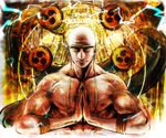  bandana bare_shoulders closed_eyes enel epic hands_clasped highres kepe lightning male_focus mitsudomoe_(shape) muscle one_piece own_hands_together pale_skin praying solo symmetry tomoe_(symbol) upper_body 