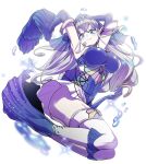  1girl aoi_takeru arm_fins armpits arms_up ben-day_dots breasts closed_mouth commentary_request covered_navel duel_monster fish_girl full_body highres kitkallos_(yu-gi-oh!) large_breasts long_hair looking_at_viewer purple_hair screentones solo tearlaments_kitkallos tiara white_background yu-gi-oh! 