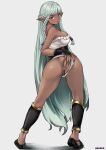  1girl :o absurdres anus aosora2823 aqua_hair artist_name ass bar_censor bare_shoulders blush braid braided_sidelock breasts censored clothing_aside commentary_request commission dark-skinned_female dark_elf dark_skin deep_skin elf from_behind hair_tubes hand_on_own_ass highres kneepits large_breasts long_hair looking_at_viewer looking_back panties panties_aside partial_commentary pointy_ears pussy red_eyes rosalinde_(unicorn_overlord) shin_guards shirt side_braids simple_background skeb_commission solo strapless strapless_shirt thighs underwear unicorn_overlord very_long_hair white_background white_panties white_shirt wrist_guards 