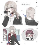  2girls backpack bag black_choker black_gloves black_jacket black_sweater black_thighhighs brown_hair choker closed_eyes closed_mouth commentary dress_shirt garter_straps girls_band_cry glove_in_mouth gloves grey_hair hamchan69 heart highres iseri_nina jacket kawashiro_nitori long_hair low_twintails mouth_hold multicolored_hair multiple_girls nape pout red_jacket roots_(hair) shirt short_hair short_twintails sweater thighhighs twintails white_bag white_shirt 