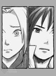  1boy 1girl chara_no7 commentary_request expressionless greyscale haruno_sakura highres monochrome naruto_(series) naruto_shippuuden raised_inner_eyebrows twitter_username uchiha_sasuke watermark 