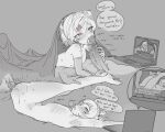  1boy 1girl ^^^ armpits arms_up ass barefoot bed_sheet blush bob_cut breasts breath commentary commission completely_nude computer disembodied_hand disembodied_penis doki_doki_literature_club elbow_gloves english_commentary english_text exspiravitbag faceless faceless_male fang feet_up fellatio folded gloves grey_background greyscale hair_ornament hand_on_another's_leg handjob heavy_breathing hetero laptop legs_up licking licking_penis livestream lying monochrome motion_lines multiple_views natsuki_(doki_doki_literature_club) nipples nose_blush nude on_back on_bed on_stomach oral penis pink_eyes raised_eyebrows ribs sex sex_from_behind shiny_skin short_hair skin_fang small_breasts solo_focus speech_bubble spot_color sweat swept_bangs teeth testicles toes tongue tongue_out trembling two_side_up under_covers upper_teeth_only vaginal veins veiny_penis very_sweaty x_hair_ornament 
