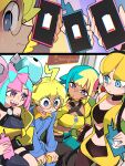  1boy 3girls absurdres aqua_hair bandeau bare_shoulders battery_indicator black_mask black_pantyhose blonde_hair blue_eyes blue_hair blunt_bangs blush bongftah breasts canari_(pokemon) choker clemont_(pokemon) collarbone commentary criss-cross_straps dark-skinned_female dark_skin elesa_(pokemon) embarrassed glass headphones highres iono_(pokemon) jacket large_breasts long_hair long_sleeves low_neckline mask mask_pull medium_breasts mega_stone midriff mouth_mask multicolored_hair multiple_girls navel pants pantyhose phone pink_hair pokemon pokemon_bw pokemon_legends:_z-a pokemon_sv pokemon_xy sharp_teeth short_hair short_twintails smile split-color_hair sports_bra surrounded sweat symbol-only_commentary teeth twintails two-tone_hair two-tone_mask two-tone_pants yellow_bandeau yellow_jacket yellow_mask yellow_sports_bra 