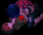  2others alternate_skin_color armor black_background blue_hair brown_hair commentary_request deltarune dual_persona green_sweater heart highres kris_(dark_world)_(deltarune) kris_(deltarune) messy_hair multiple_others pixel_heart red_eyes short_hair signature soul_(deltarune) strangling sweat sweater teeth twitter_username utdr_(toby_fox) yoshino_(q_sci) 