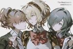  3girls aigis_(persona) android black_jacket blonde_hair blue_eyes blue_hair bow bowtie brown_eyes brown_hair commentary_request english_text from_side gekkoukan_high_school_uniform genderswap genderswap_(mtf) girl_sandwich gold_hairband hair_over_one_eye hairband hand_up highres holding_hands jacket joints k1kiwa long_hair looking_at_another multiple_girls one_eye_covered parted_lips persona persona_3 persona_3_portable ponytail portrait red_bow red_bowtie robot_ears robot_joints sandwiched school_uniform shiomi_kotone short_hair simple_background white_background yuri yuuki_makoto_(persona_3) 