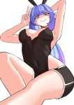  1girl absurdres black_leotard black_shorts blue_hair breasts commentary_request dolphin_shorts elysia_(honkai_impact) herrscher_of_corruption highres honkai_(series) honkai_impact_3rd korean_commentary large_breasts leotard long_hair looking_at_viewer nervous_smile orange_eyes partially_shaded_face pyeong_il shorts simple_background smile solo v very_long_hair white_background 