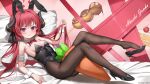  1girl alternate_costume animal_ears bed_sheet black_horns black_leotard black_pantyhose black_ribbon black_shoes blue_archive blush bow bowtie breasts cake cake_slice character_name cherry closed_mouth commentary dango demon_horns demon_wings detached_collar dobostorte english_commentary fake_animal_ears fine_fabric_emphasis food fruit hair_ribbon halo high_heels highleg highleg_leotard highres holding holding_own_hair horns junko_(blue_archive) leotard long_hair looking_at_viewer low_wings mitarashi_dango pantyhose pillow playboy_bunny pointy_ears pumps purple_eyes rabbit_ears reclining red_bow red_bowtie red_hair red_halo red_wings ribbon shoe_dangle shoes small_breasts smile solo strapless strapless_leotard stuffed_carrot twintails twitter_username v-shaped_eyebrows very_long_hair wagashi white_wrist_cuffs wings wrist_cuffs 