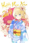  1girl 2019 bangs blonde_hair blue_eyes blue_kimono blush bow braid closed_mouth commentary_request crown_braid eyebrows_visible_through_hair floral_print flower hair_between_eyes hair_bow hand_up happy_new_year head_tilt high_ponytail highres japanese_clothes juliet_persia kimono kishuku_gakkou_no_juliet long_sleeves natsupa new_year obi ponytail print_kimono red_background red_flower sash sleeves_past_wrists smile solo striped striped_bow two-tone_background white_background white_flower 