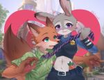 absurd_res anthro belly canid canine clothing disney duo european_rabbit female fox fur green_eyes grey_body hi_res judy_hopps lagomorph lalamedli leporid male mammal navel nick_wilde orange_body orange_fur oryctolagus police police_uniform purple_eyes rabbit red_fox sex_toy true_fox uniform zootopia