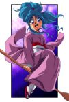  1980s_(style) 1girl aqua_hair border botan_(yu_yu_hakusho) commentary full_body highres japanese_clothes kimono long_hair looking_at_viewer open_mouth outside_border paddle pink_kimono potiri02 retro_artstyle sandals socks solo tabi white_border white_socks yu_yu_hakusho zouri 