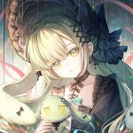  1girl animal_ears aoko_(amamiya_aoko) arknights bang_dream! bang_dream!_it's_mygo!!!!! black_bonnet black_choker bonnet choker commentary_request floppy_ears gothic_lolita green_hair hair_ornament highres holding holding_stuffed_toy lolita_fashion long_hair looking_at_viewer parted_lips rabbit_ears rabbit_girl sidelocks solo stuffed_animal stuffed_rabbit stuffed_toy upper_body wakaba_mutsumi wakaba_mutsumi_(marionette's_id) x_hair_ornament yellow_eyes 